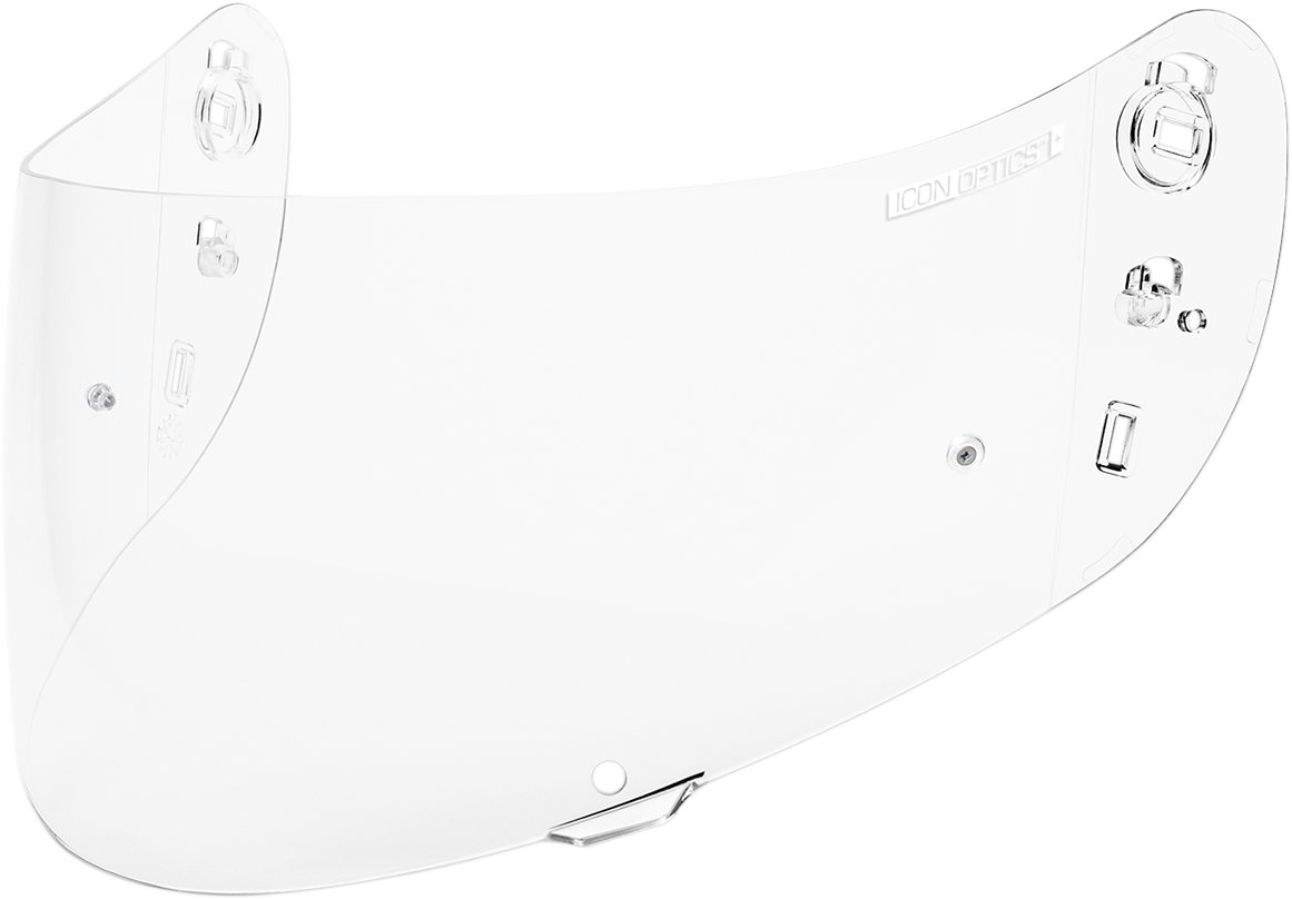 Clear ICON Optics Pinlock® shield for helmets, compatible with Bill's Exhausts helmets, shown on a helmet in the image.