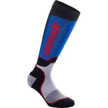 Alpinestars Youth MX Plus motocross socks in black, white, blue, and red with medium/large size, designed for motocross riding comfort.