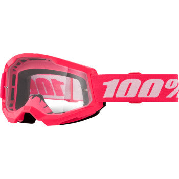 Bill's Exhausts Strata 2 pink and clear goggles with adjustable straps, protective lenses, and foam padding for safety.