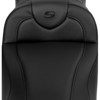 SADDLEMEN Roadsofa™ extended reach motorcycle seat with carbon fiber finish, black stitching, and backrest for FL models 2008-2023