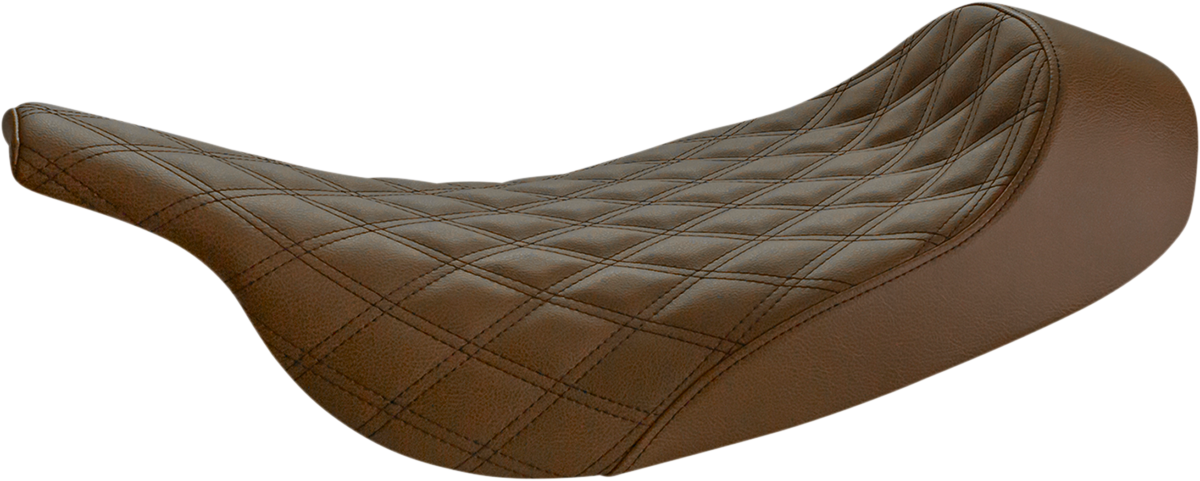 Brown Saddlemens Renegade Solo Seat with lattice stitching for motorcycles, designed for comfort and style.