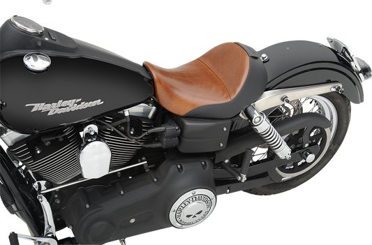 SADDLEMEN Renegade Lariat Solo motorcycle seat in smooth brown leather for Dyna models, by Bill's Exhausts.