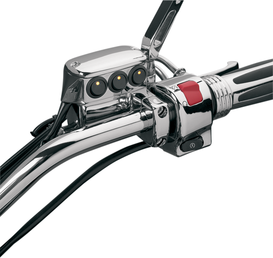 Chrome switch block assembly for brake side engine switch, designed for motorcycles by Bill's Exhausts, part 52-605A.