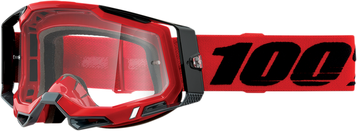Bill's Exhausts Racecraft 2 goggles in red with clear lenses, featuring a sleek, aerodynamic design for racing and motorsport use.