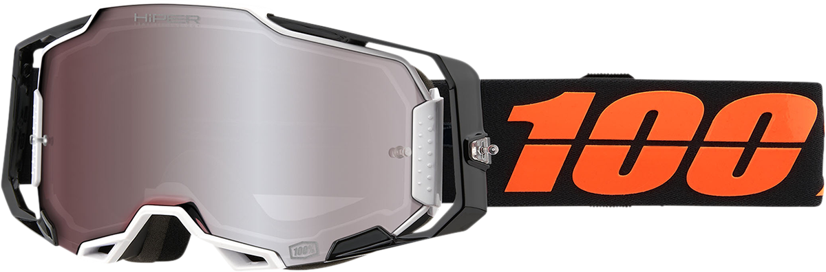 Bill's Exhausts 100% Armega Goggles in black with HiPER silver mirror lenses, featuring a sleek design and secure fit.