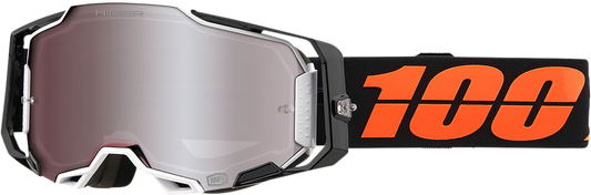 Bill's Exhausts 100% Armega Goggles in black with HiPER silver mirror lenses, featuring a sleek design and secure fit.