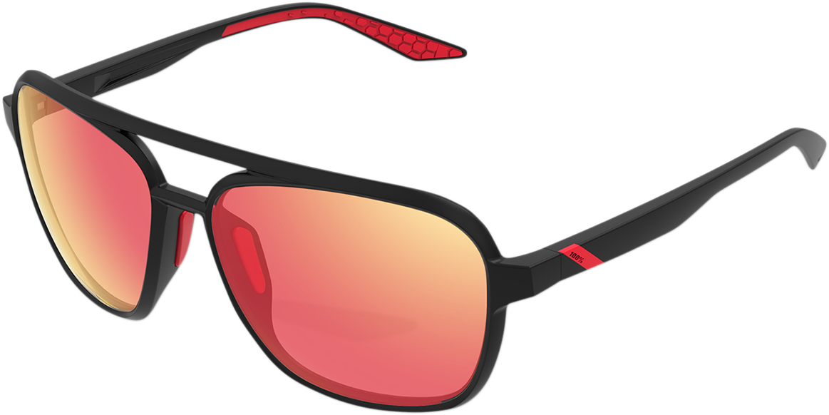 Kasia aviator sunglasses by Bill's Exhausts with round black frames and red mirror lenses, stylish and reflective eyewear.
