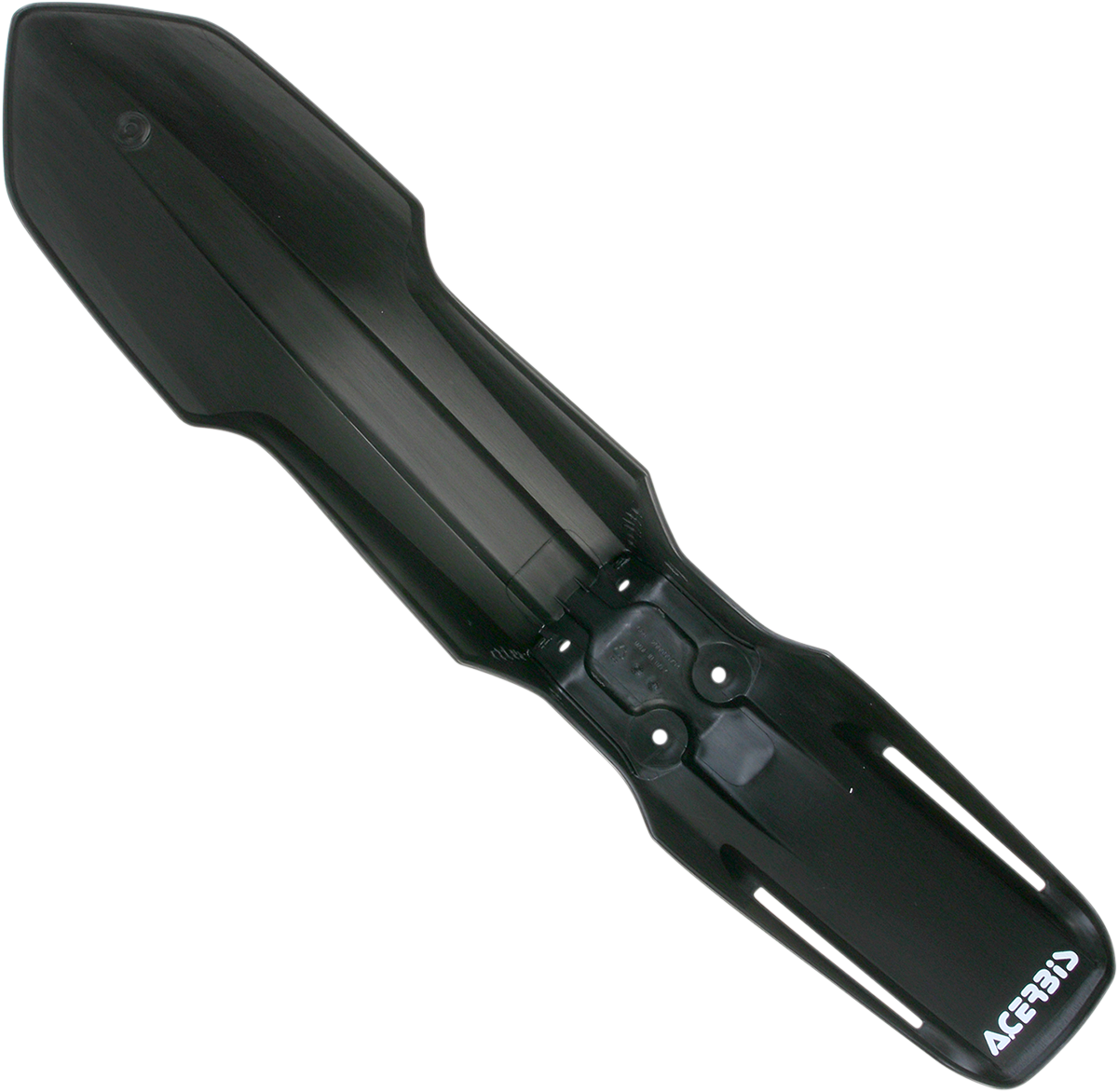 Black Acerbis front fender for motorcycle, designed for durability and style, shown in a close-up image.