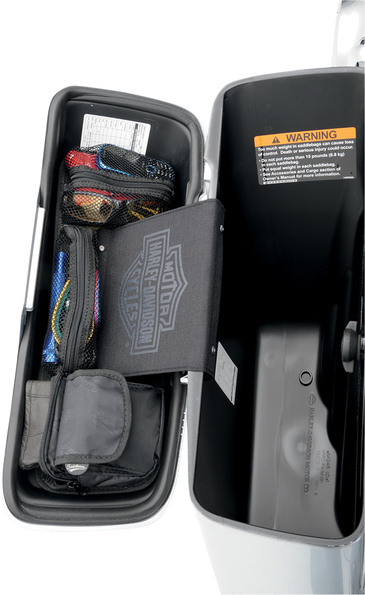 Bill's Exhausts Saddlemens Saddlebag Lid Organizer seat accessory with storage compartments for motorcycle saddlebag lids.
