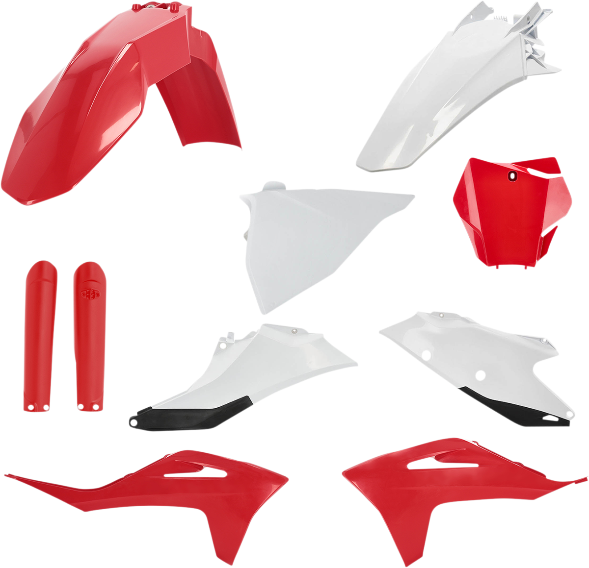 Acerbis full replacement body kit in red and white for motorcycles, featuring streamlined panels and bold color accents.