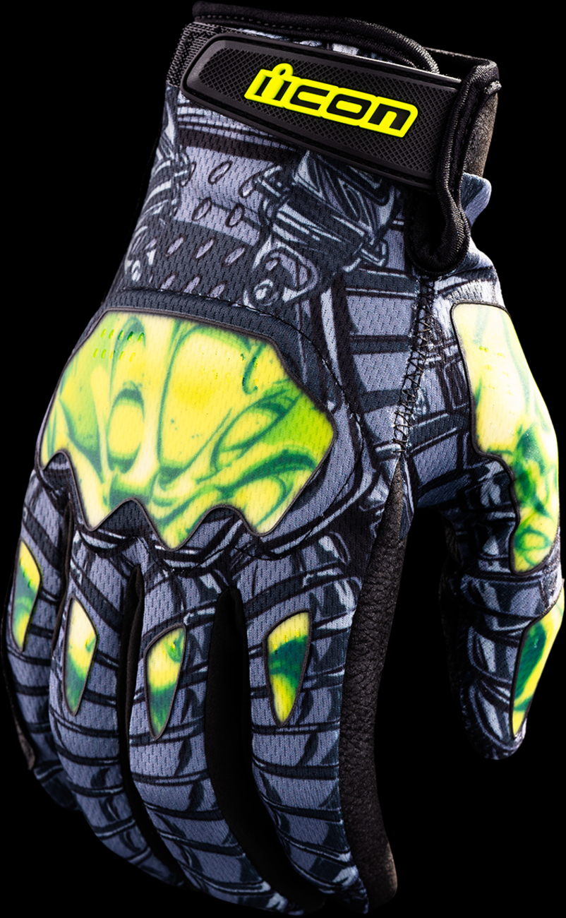 Green ICON Hooligan Outbreak™ gloves in small size with reinforced knuckles and breathable fabric, designed for motorcycle riding.
