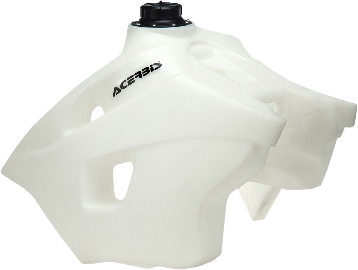 A natural-colored Acerbis gas tank for KTM motorcycles, 5.3 gallons capacity, with no shrouds, shown from side view.