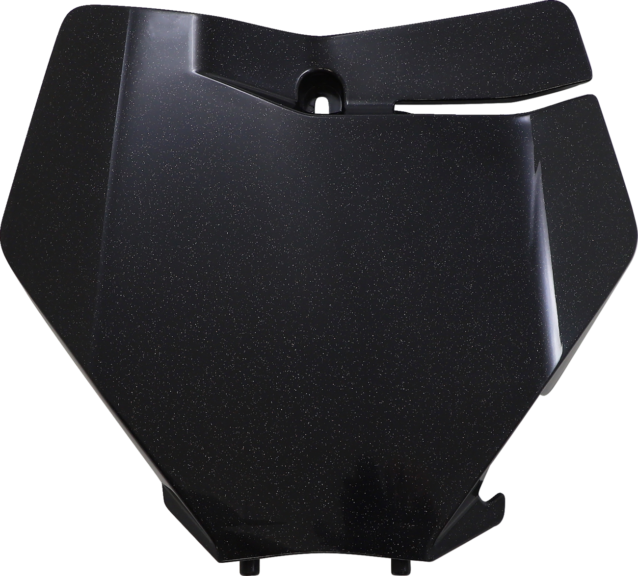 A black Acerbis front number plate for motorcycles, mounted on a bike, showcasing its sleek body design and durable construction.