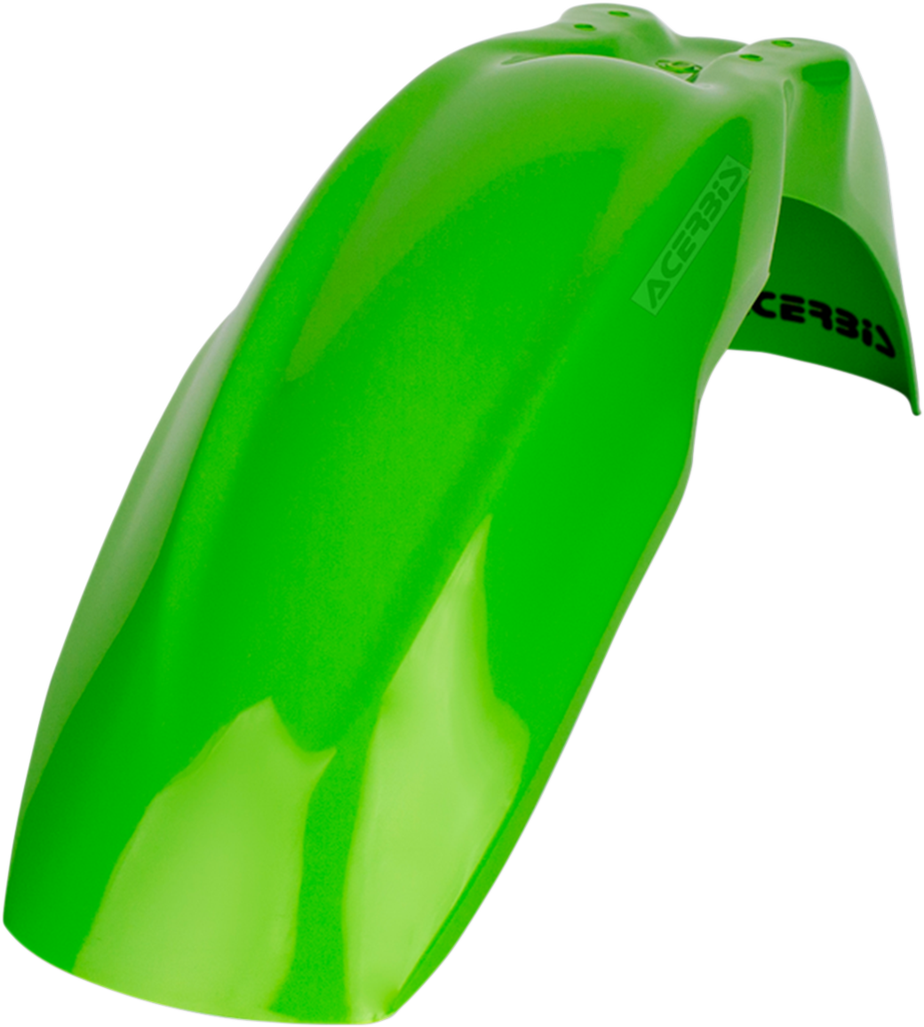 Green Acerbis front fender for motorcycle, body part with mounting points, designed for durability and style.
