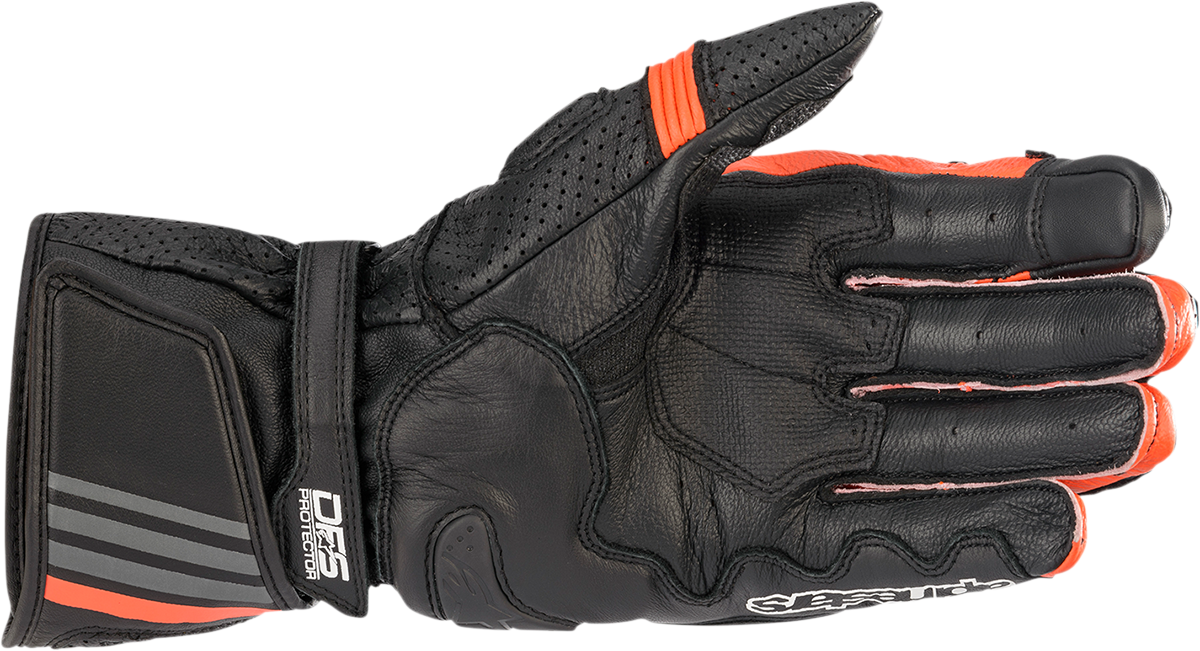 Alpinestars GP Plus R v2 motorcycle gloves in black and fluo red, small size, featuring reinforced knuckles and breathable material.