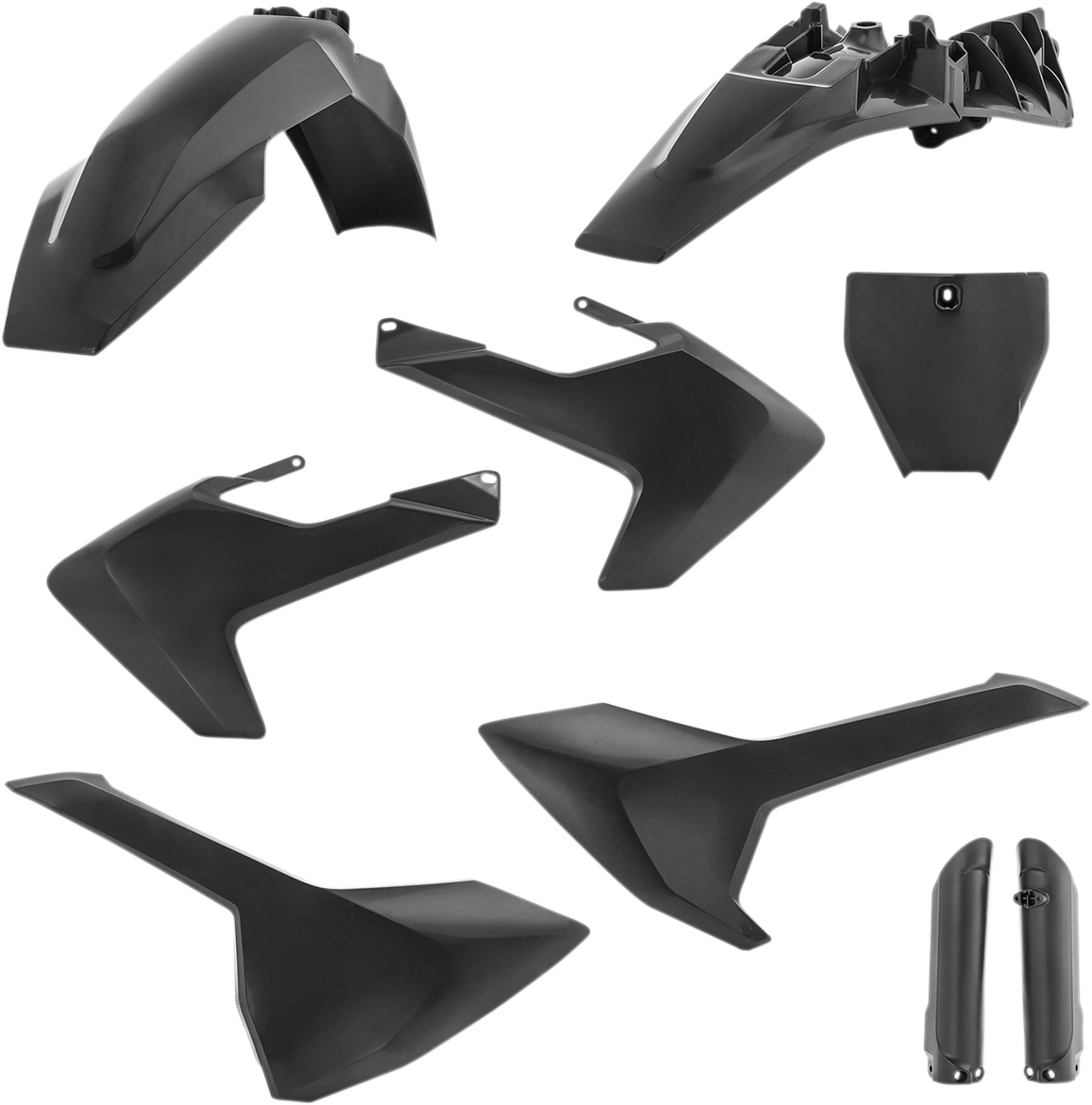 A black Acerbis full replacement body kit for motorcycles, featuring sleek, aerodynamic design components.