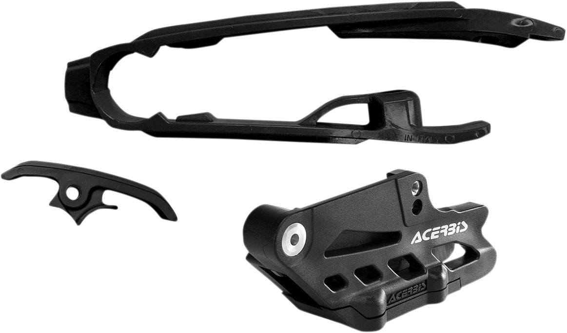 A black Acerbis Chain Guide 2.0 and Slider Kit for Husqvarna, KTM, and Gas Gas motorcycles, shown with mounting hardware.