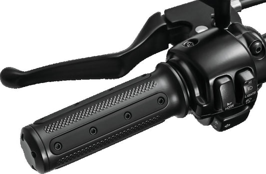 Kuryakyn Heavy Industry grips with dual cables in black for powersports vehicles, part #6121, installed on motorcycle handlebars.