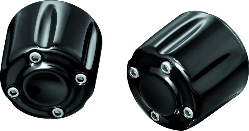 Black Kuryakyn Grip End Weights for powersports bikes, part #6339, shown attached to motorcycle handlebars.
