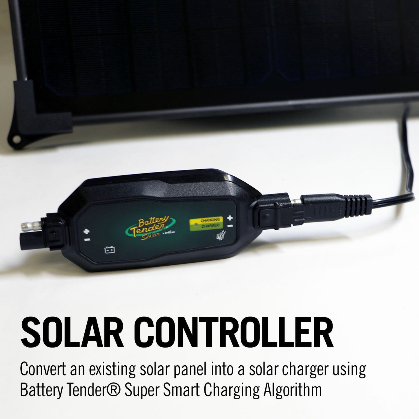 Battery Tender 17W mountable solar panel with built-in controller, weatherproof portable charging solution, shown mounted outdoors.