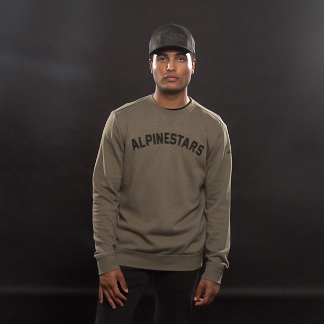 Alpinestars Soph Crew Fleece hoodie in military green, 2XL size, featuring a comfortable design with brand logo detail.