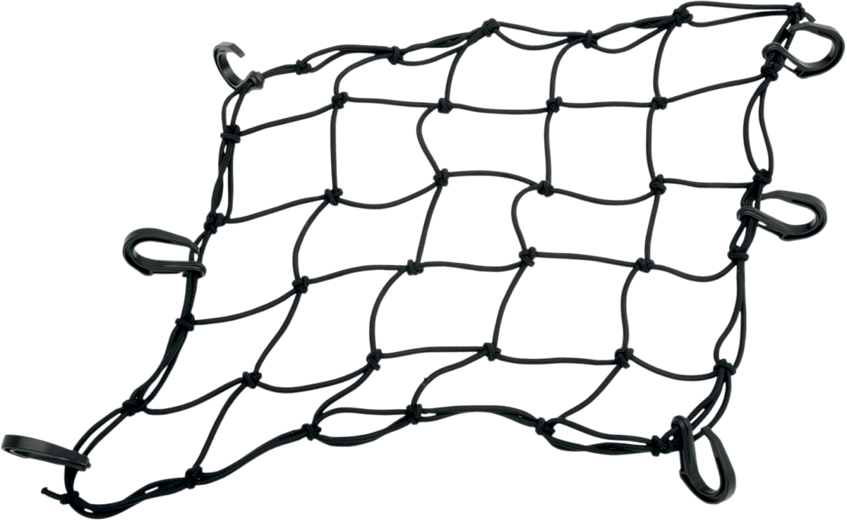 Black 15x15 inch DRAG SPECIALTIES cargo net with 6 hooks for motorcycle or vehicle storage, part number 10-6099BPOM.