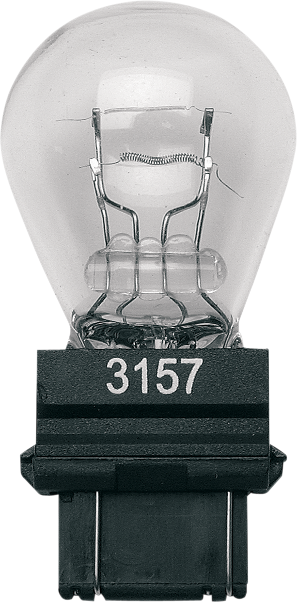 Drag Specialties S8-3157-BC139 white dual-filament wedge bulb for motorcycle lighting, showing the bulb and its base adapter.