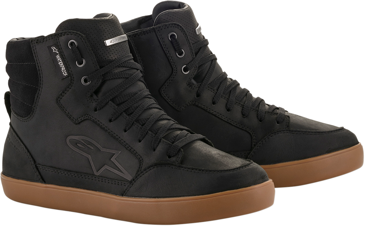 Alpinestars J-6 waterproof motorcycle riding sneakers in black and gum, US 8, with protective design and rugged sole.
