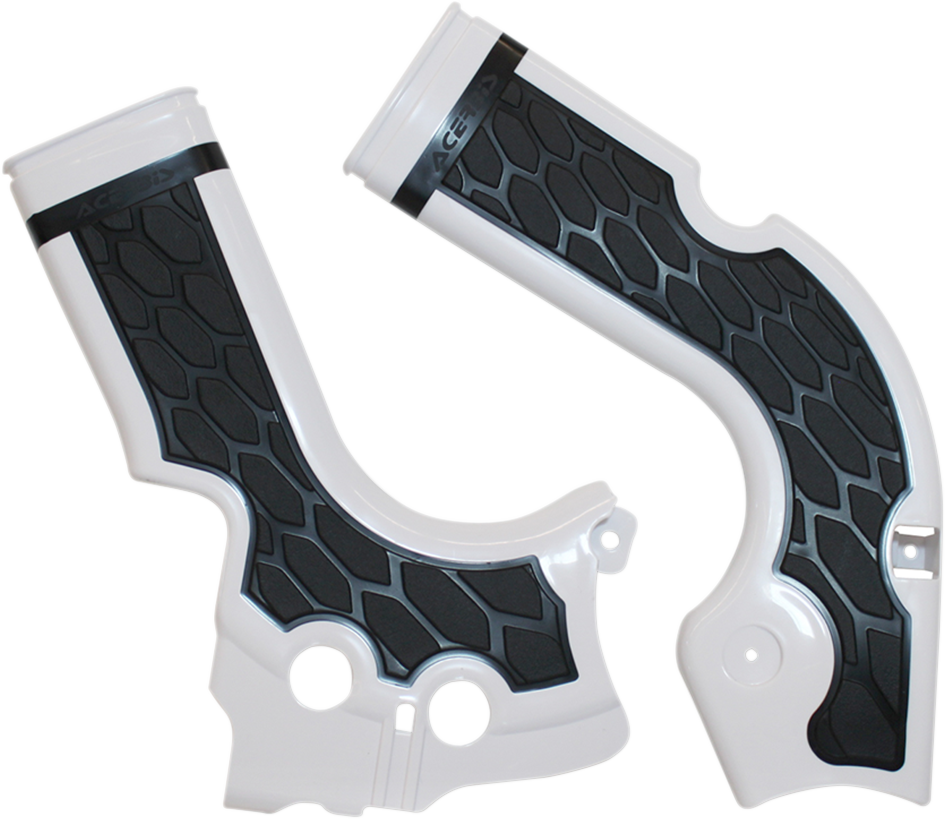 A set of Acerbis X-Grip frame guards in white and black for motorcycle protection, with detailed close-up view.