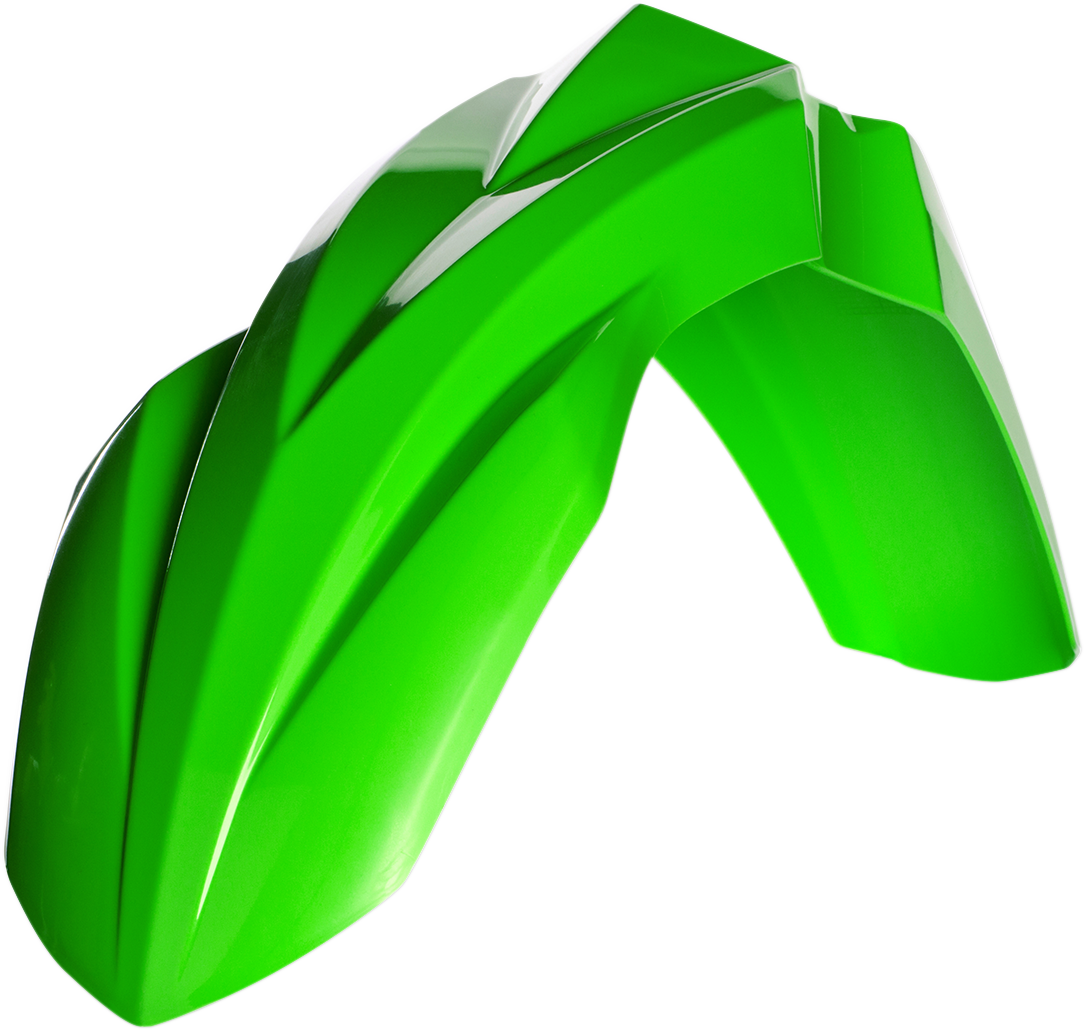 A green Acerbis front fender for motorcycle, made of durable body material, designed to fit various bike models.