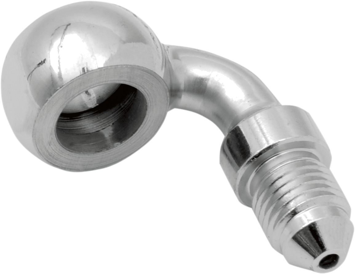 DRAG SPECIALTIES 3/8 inch 90-degree banjo fitting for motorcycle brake lines, metal with threaded connection.