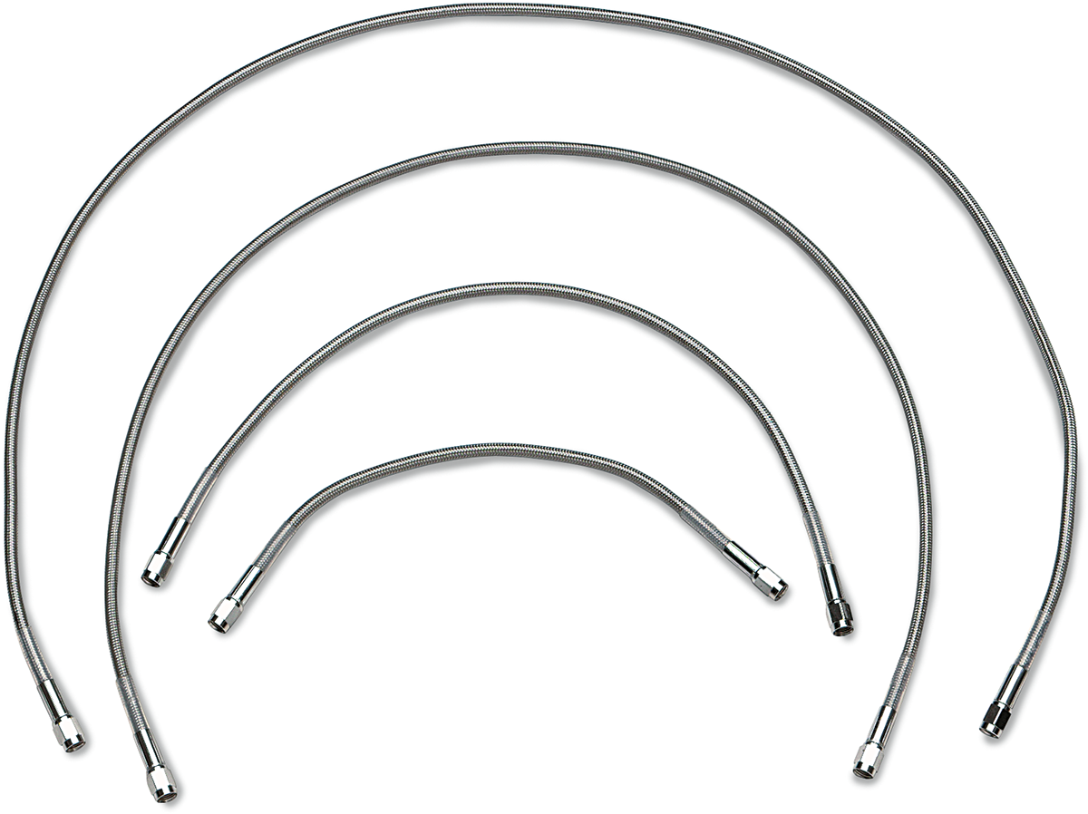 Clear 42-inch universal brake line from DRAG SPECIALTIES showing flexible, transparent tubing with metal fittings for motorcycle braking systems.