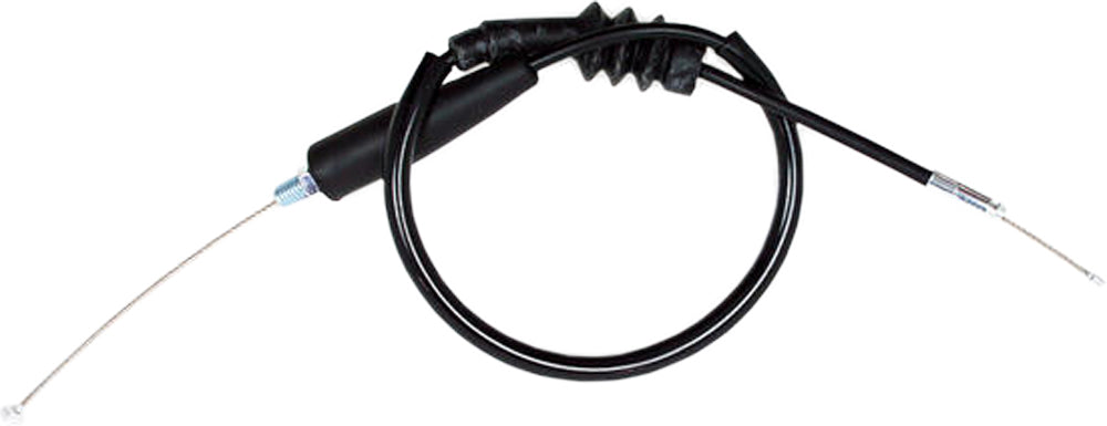 Motion Pro black vinyl throttle cable for motorcycles, OEM-exact fit, with metal fittings and durable construction.