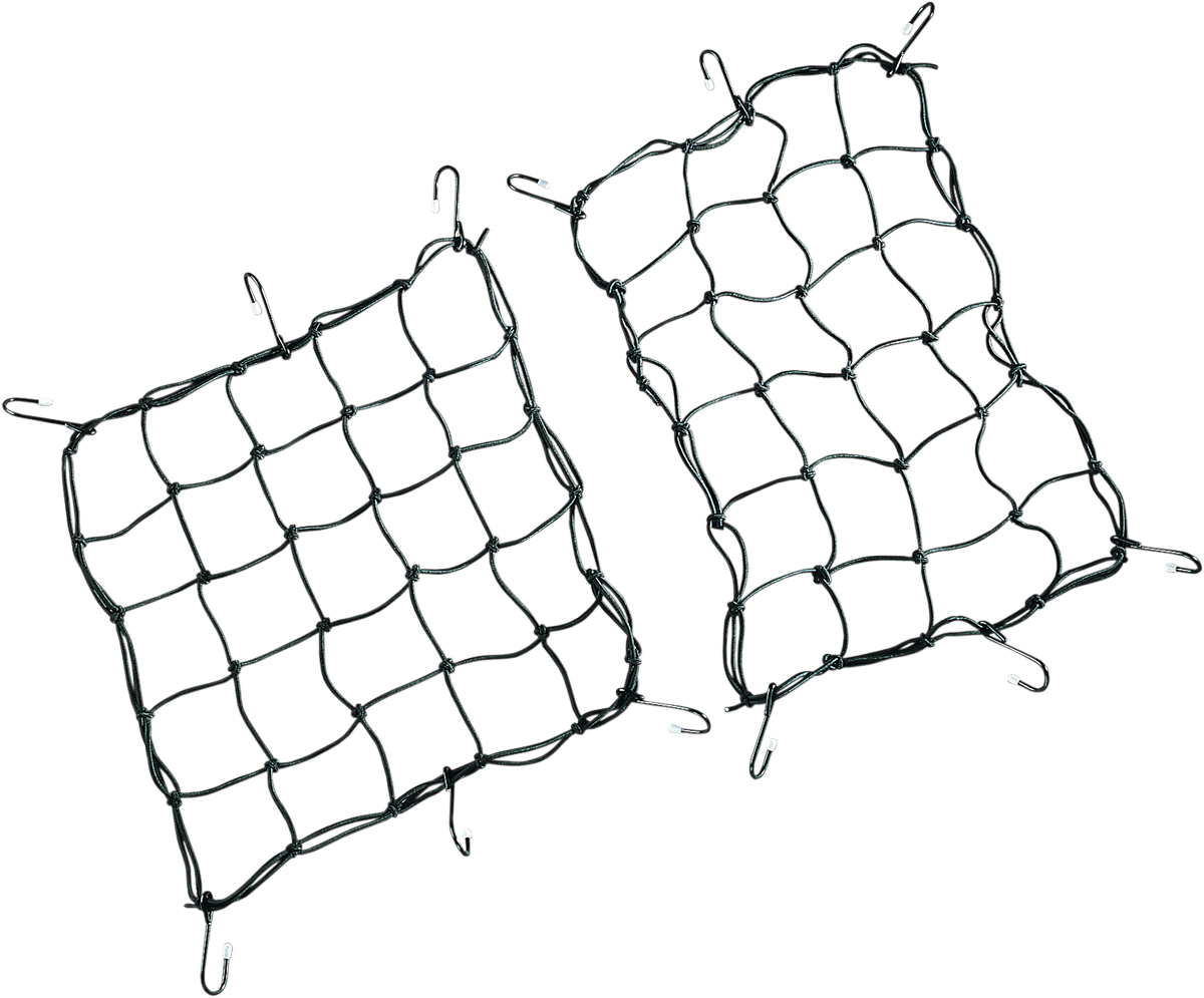 Black Drag Specialties cargo net with six hooks, measuring 12x17 inches, designed for secure motorcycle or vehicle cargo tying.
