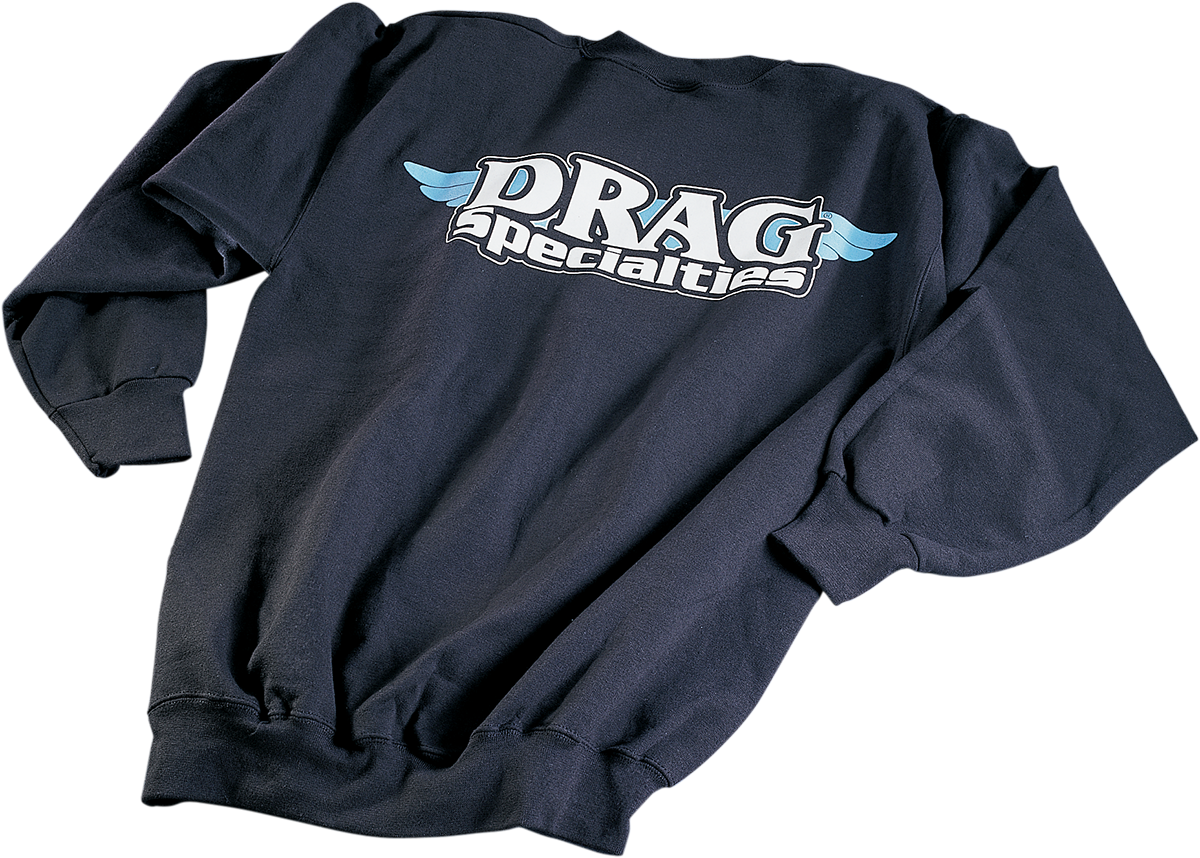 Black 2XL DRAG SPECIALTIES crewneck sweatshirt with wing logo, showcasing a comfortable fit and bold graphic design.