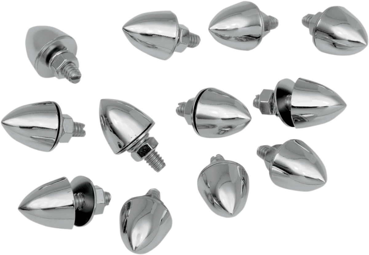 Close-up of DRAG SPECIALTIES Krommets with 6 mm stud, chrome finish, showing the textured surface and installation details.