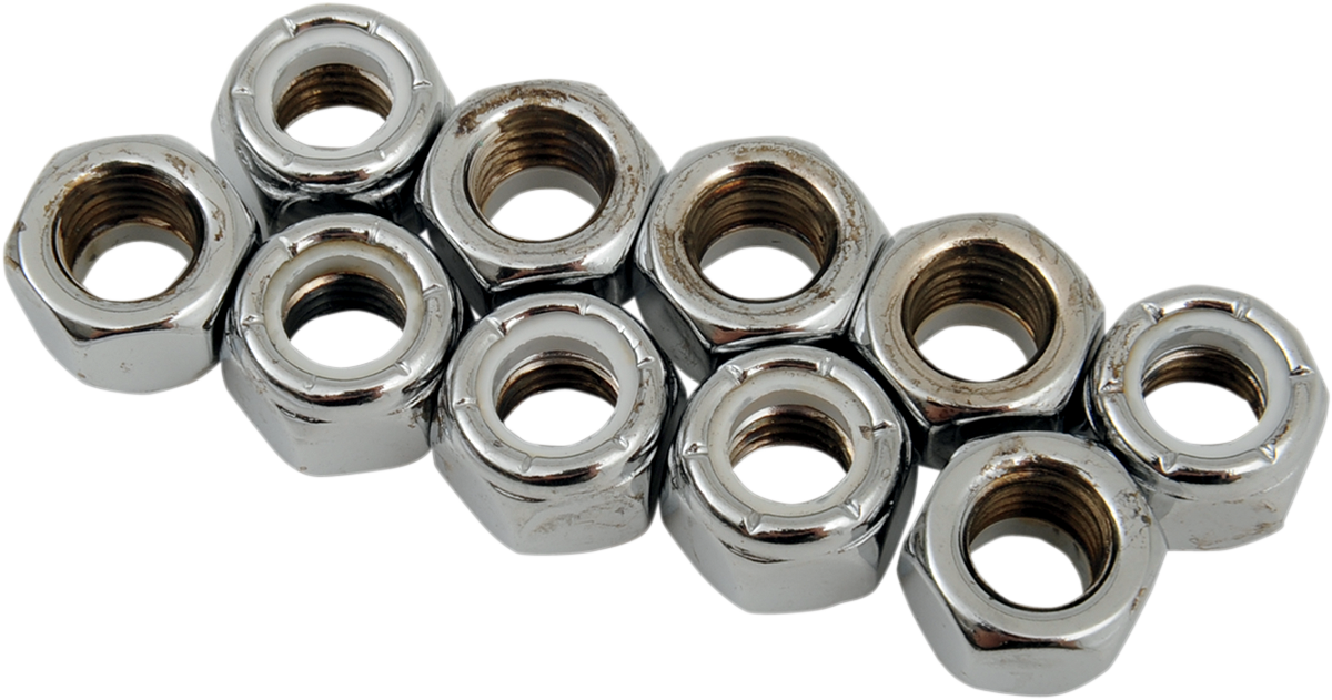 Nylon chrome insert nuts, 5/16"-24 size, from DRAG SPECIALTIES, shown in close-up with shiny chrome finish and threading details.
