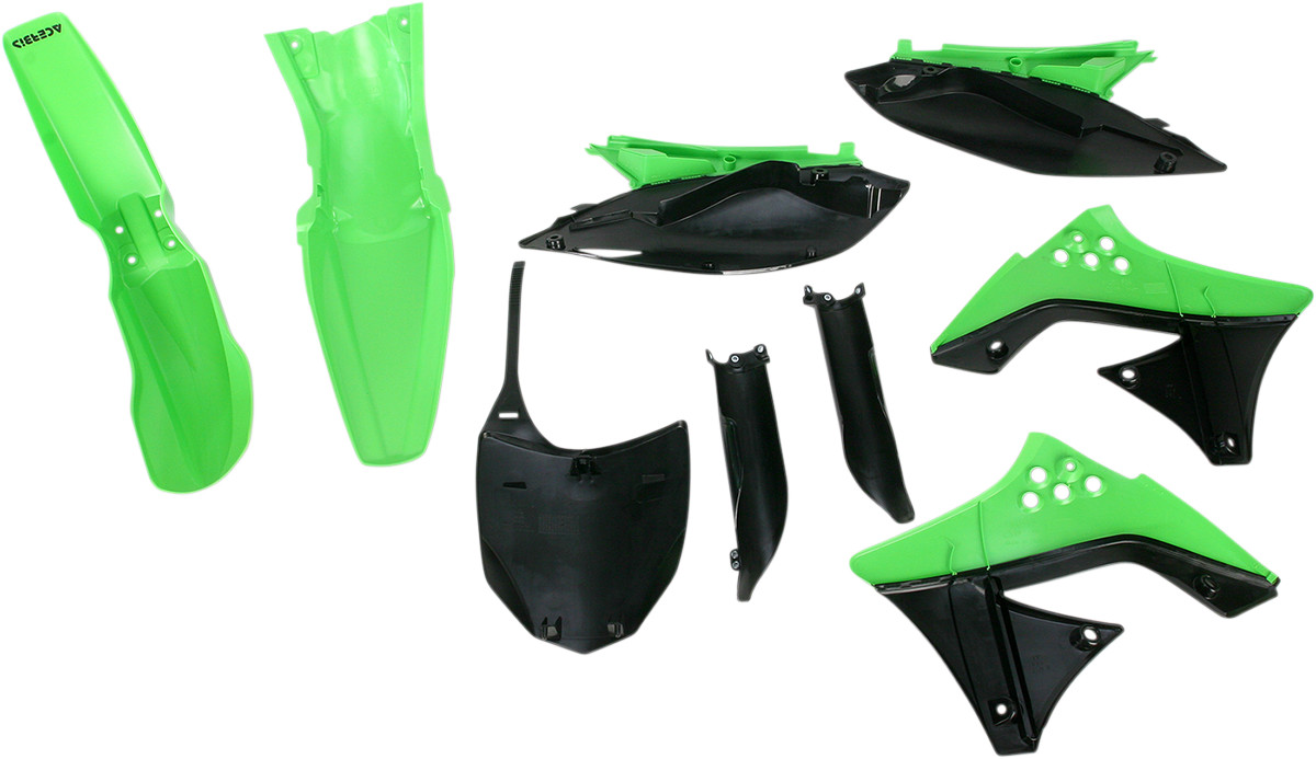 Acerbis OEM green and black full replacement body kit for motorcycles, featuring aerodynamic design and durable plastic panels.