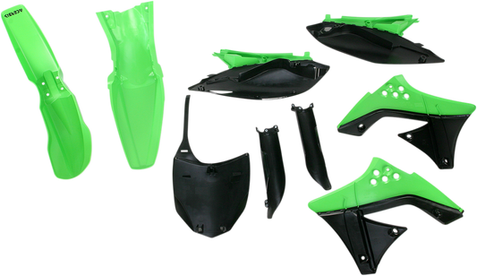 Acerbis OEM green and black full replacement body kit for motorcycles, featuring aerodynamic design and durable plastic panels.