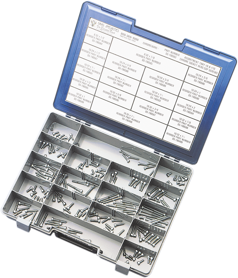 DRAG SPECIALTIES MK192 socket-head bolt assortment kit with 18 sizes for #8 and #10 threads, including various socket-head bolts.