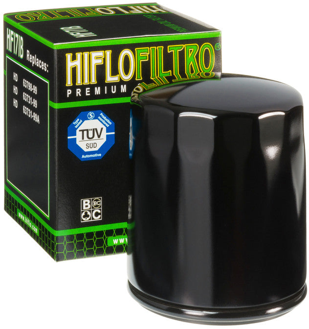 HIFLOFILTRO HF171B motorcycle oil filter showing the cylindrical filter element with metal end caps and filter media