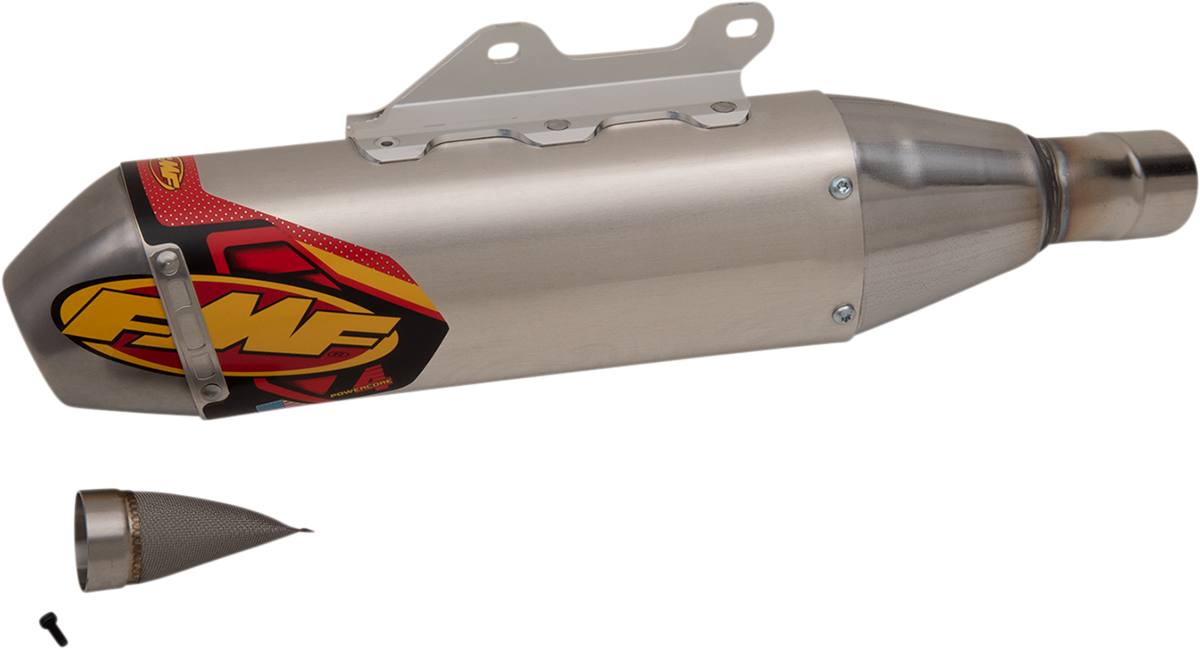 FMF PowerCore 4 HEX muffler for high-performance motorcycle exhaust system, showcasing durable metal construction and sleek design.