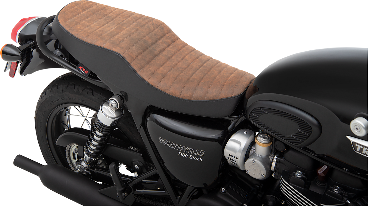 Z1R Retro motorcycle seat in classic brown and black with thermoformed ABS base, part #0810-2224.