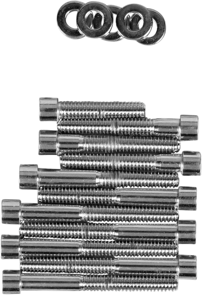 Chrome cam cover bolt kit for Harley-Davidson Sportster from Drag Specialties, includes bolts for engine cover installation.