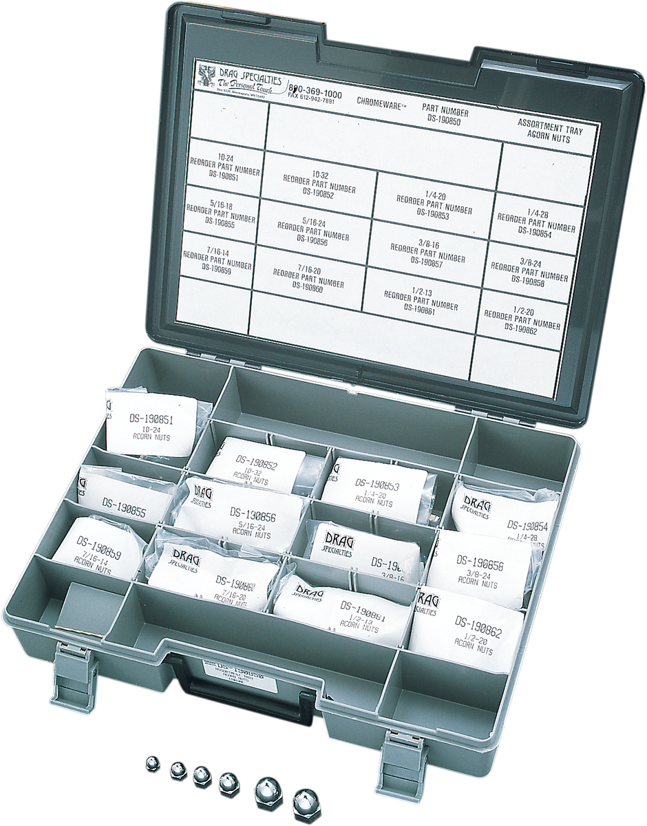 Set of chrome acorn nuts from Drag Specialties MK152 assortment kit, with various sizes and finishes for motorcycle parts.