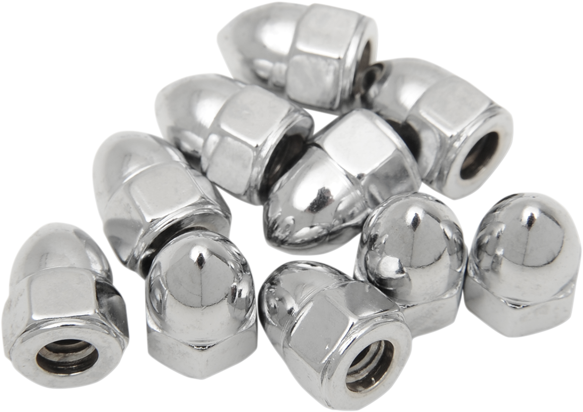 Chrome Drag Specialties Acorn Nut MPB101, motorcycle hardware, shiny metal nut with a rounded top and threaded base.