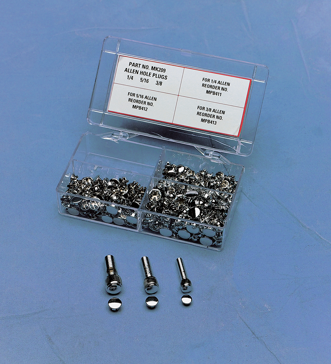 DRAG SPECIALTIES MK209 assortment of socket head plugs with sample Allen bolts, various sizes for motorcycle or automotive use.