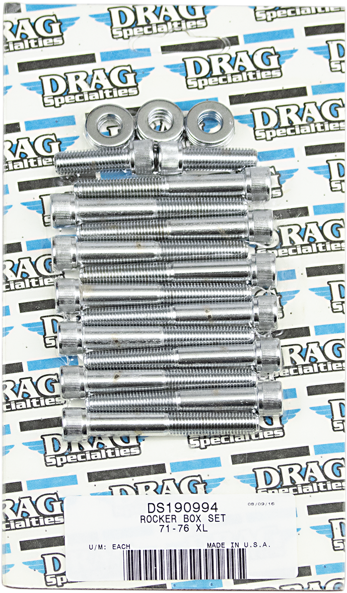 DRAG SPECIALTIES MK208 Harley Sportster rocker box bolt set for models from 1971 to 1976, showing metal bolts on a motorcycle engine.