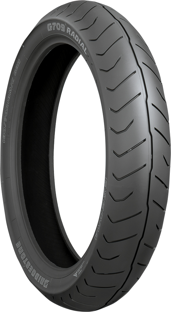 Bridgestone Exedra G709 front motorcycle tire 130/70R18 63H with tread pattern and sidewall details.