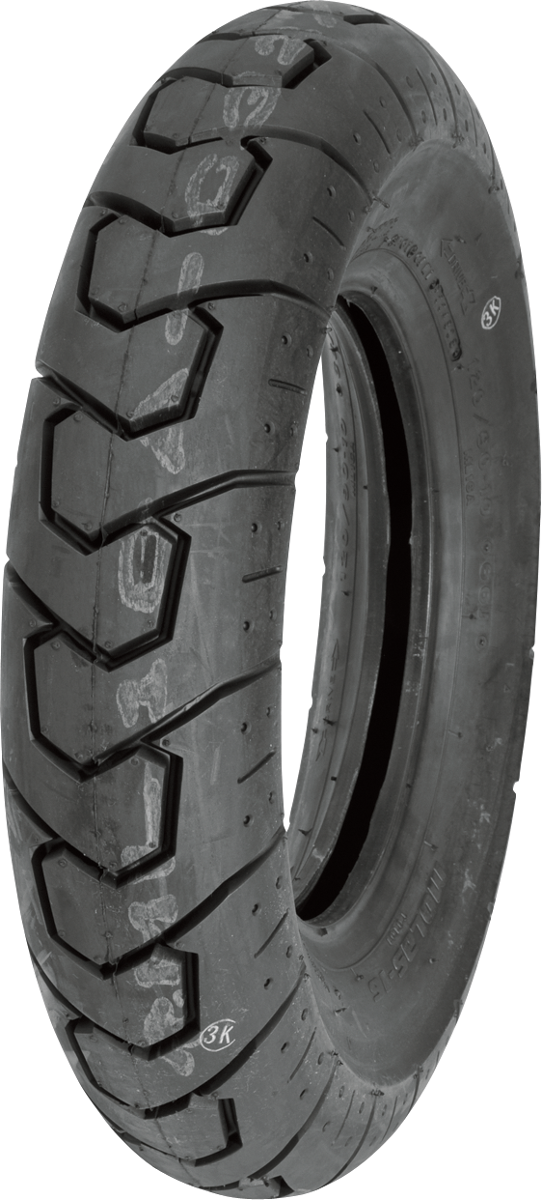 BRIDGESTONE rear scooter tire 120/90-10 66J showing tread pattern and sidewall details, designed for OEM replacement on scooters.
